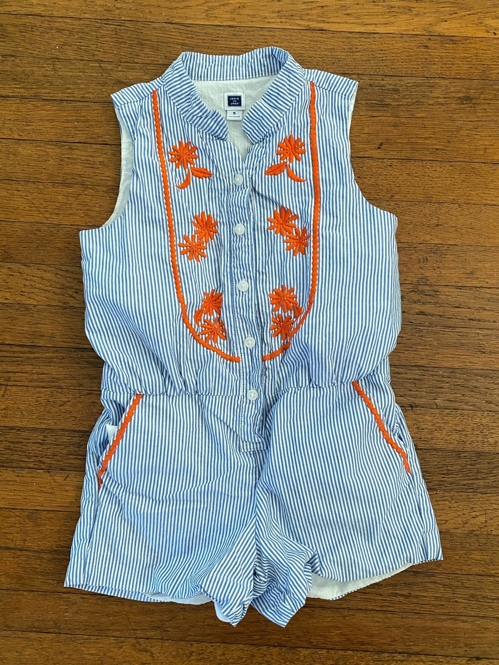 Janie and Jack Blue and White Striped Romper with Orange Florals